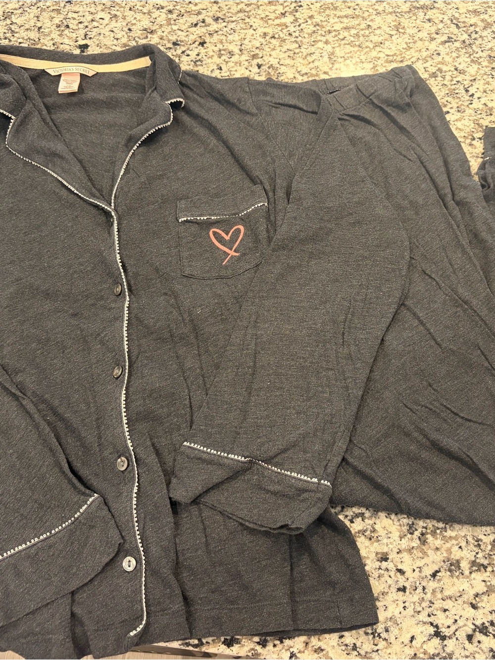 Victoria's Secret Charcoal Gray Pajama Set with Pink Heart Detail